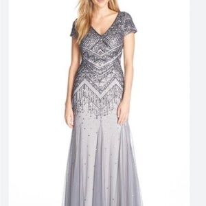 Adrianna Papell Silver Sequin Embellished Mermaid Gown